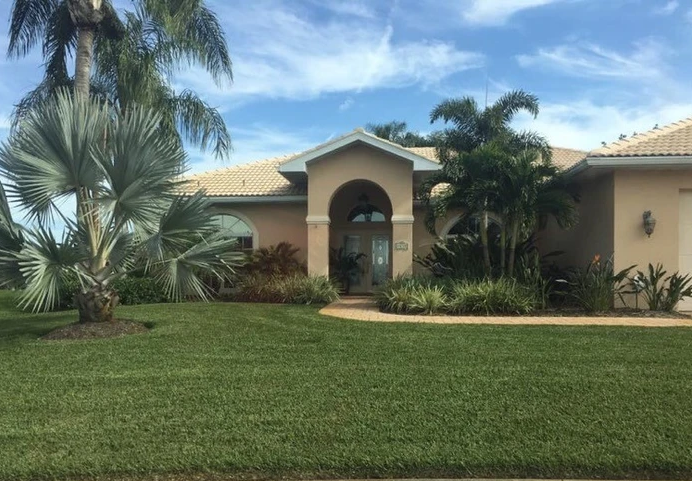 Beautiful lawn and palm trees in residential front yard after receiving professional yard care services in Venice Florida