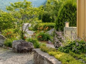 Yard with well maintained walkways and hardscaping